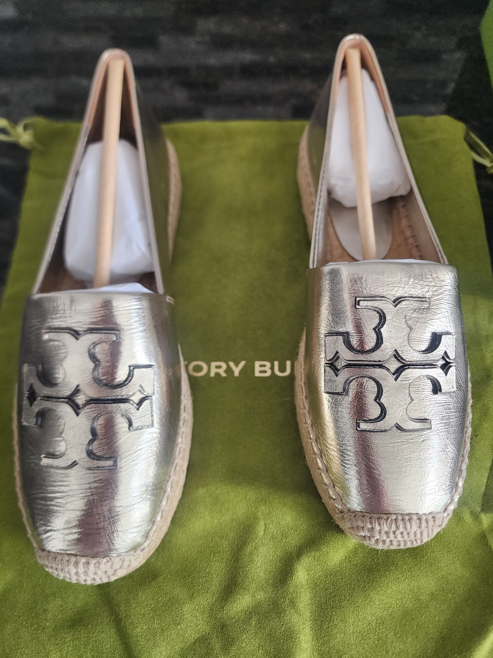 Tory Burch Metallic Silver Espadrille Loafers